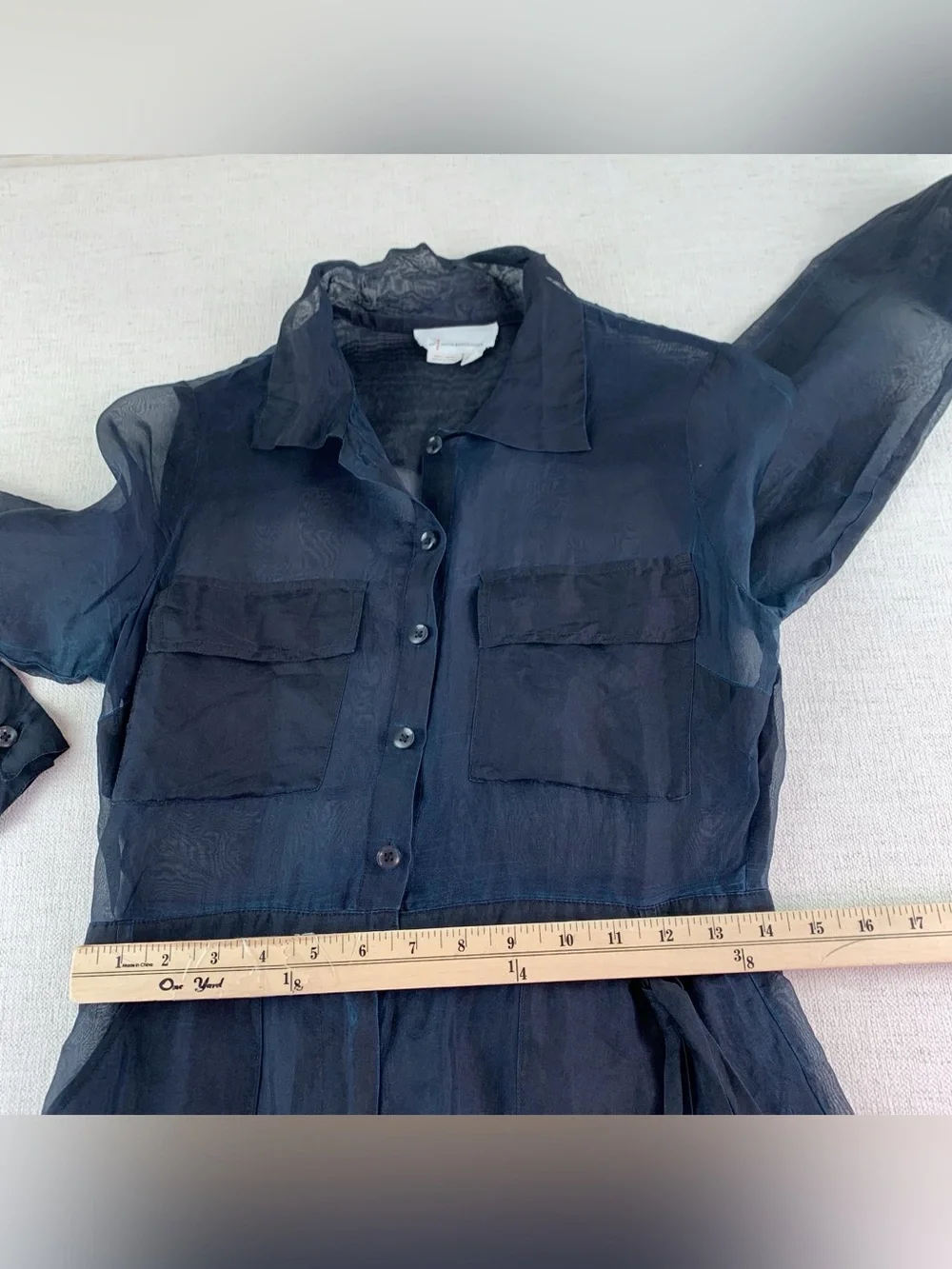 By Anthropologie Sheer silk Utility Jumpsuit long sleeve wide leg in black